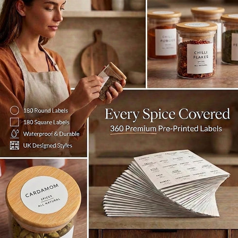 Labels-12 Pack- 6.8oz- 360 Glass Spice Jars with Labels- Spice Containers with Bamboo Lids -Spices Organization