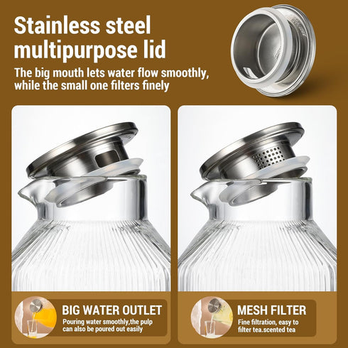Snuvid 1 Gallon thickened Square Glass Pitcher with Lid, Classic Stripes Water Pitchers for Fridge, Borosilicate Glass