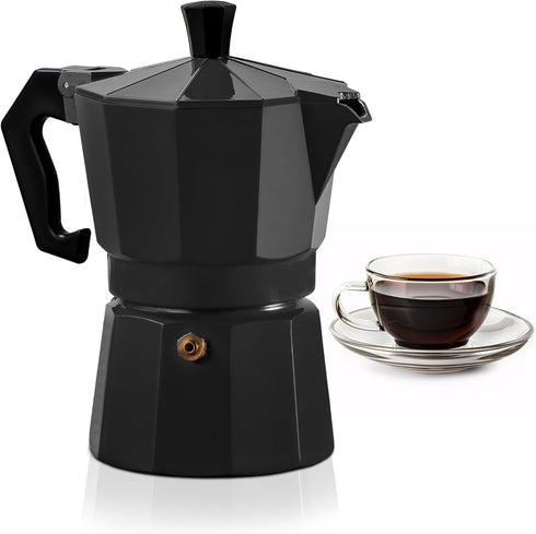 Mixpresso Black 3 Cup Moka Pot, Classic Italian Coffee Maker for Gas, Electric Stove Top, Makes 3 Espresso Cups
