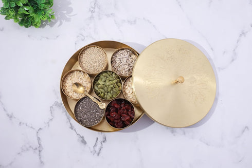 8 Inch 7 1 Ajuny Handcrafted Brass Spice Box Golden with Embossed Lid - Decorative Round Masala Canister Removable