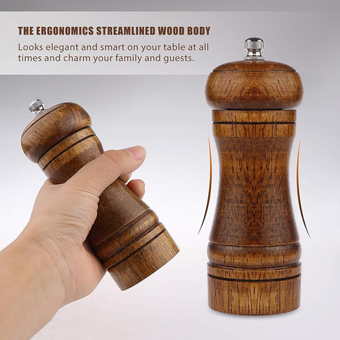 8 Inch Oak Wooden Pepper Mill Grinder - Refillable with Adjustable Coarse to Fine (1 Pack)