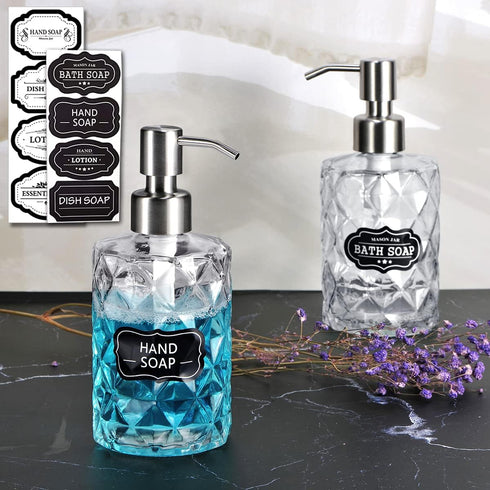 4PC Stainless Steel Soap Dispenser Lids - Replacement Pump with Waterproof Label Stickers for 28/400 Neck Bottles