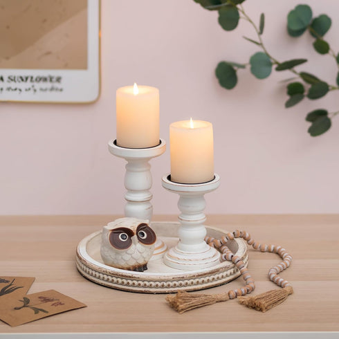 Counter Farmhouse Wood Tray Candle Holder - Romadedi Bead Round Wooden Decorative Tray for Coffee Table Decor Serving