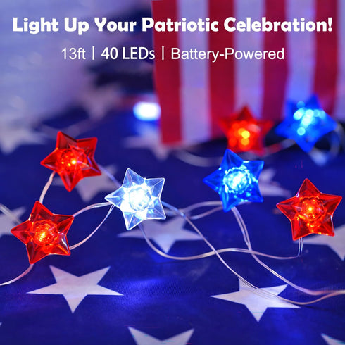 4th 13 40 BOHON of July Decorations Battery Operated String Lights with Remote Timer ft LEDs Red White and Blue Lights