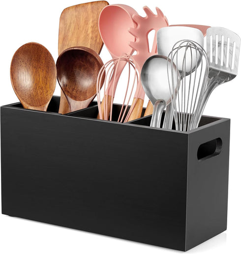 ALELION Large Utensil Holder - 3 Compartment Wooden Caddy Organizer for Kitchen Counter, Black