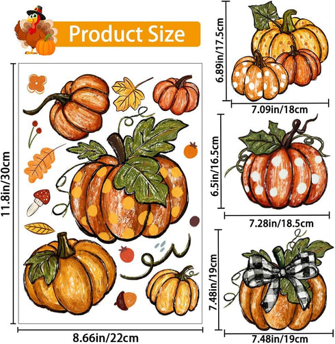YUJUN 6 Sheets Thanksgiving Fall Window Clings, Pumpkin Maple Leaves Oil Painting Decals for Autumn Home Decor and