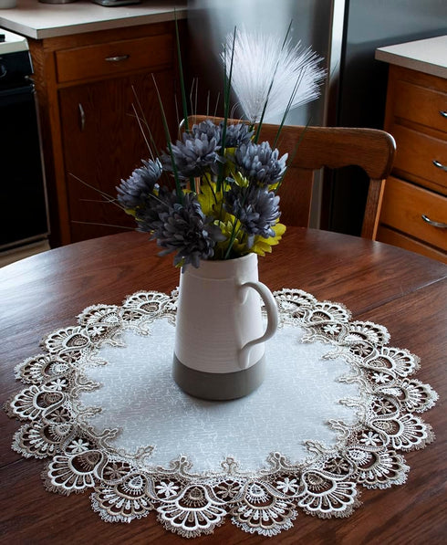 Cocoa, Earth Tones Jacquard Peacock Tail Lace Doily - 23 Inch Round Placemat and Table Centerpiece