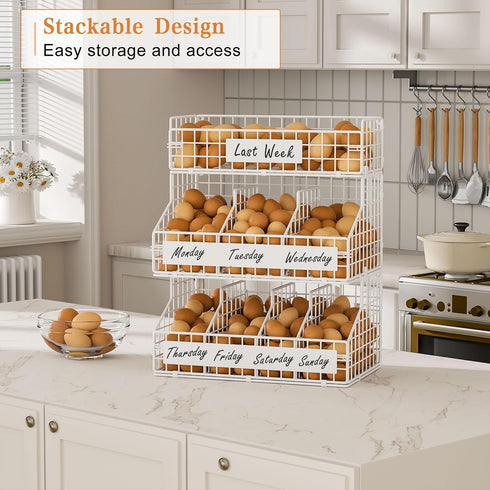 Countertop 5 3 keomaisyto Egg Holder with Dividers & DIY Nameplate to Separate Eggs, Tier Stackable Wire Storage