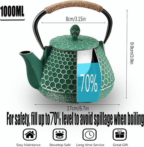 Cast Iron Tea Pot - Honeycomb Pattern Tea Kettle with Tea Leaf Infuser,Stovetop Tea Kettle Coated with Enameled