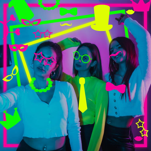 Skylety 42 Pcs Neon Photo Booth Props, Fully Assembled Colorful Fluorescent Paper for Birthday, Wedding, Halloween,