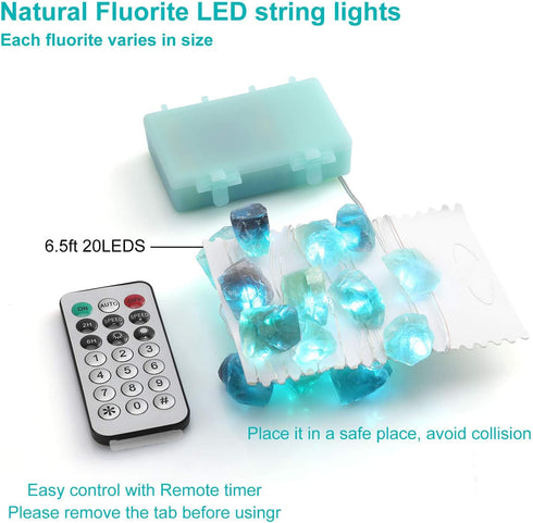 Natural Fluorite String Lights, Raw Crystal Decorative Lights with 20 LEDs 6.5ft Remote Control for Reiki Wedding