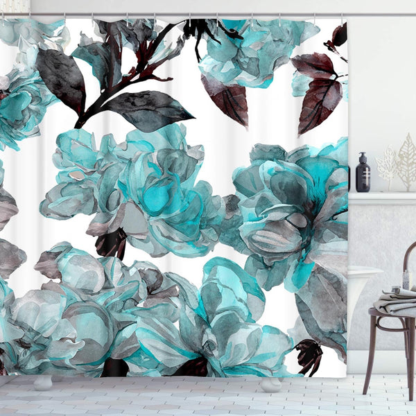 Emvency Aqua Shower Curtain - Blue Flower Floral Teal Pattern with Roses, Waterproof Polyester Fabric 72 x 72 inches