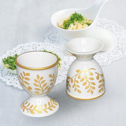 Set 2 Cinf Ceramic Egg Cup of Champagne Gold Porcelain Holder Breakfast Boiled Cooking Easy to Clean Childhood Memories