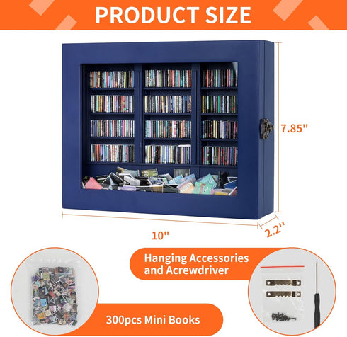 300PCS (Navy,10"*7.85"*2.2") MACEVIA Shake Away Your Anxiety Mini Bookshelf, Miniature Wooden Bookshelf Decor with Mini