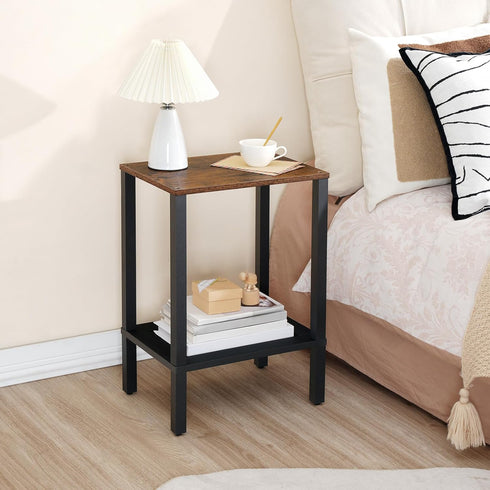 2-Tier BF91BZ01 HOOBRO End Table, Small Side Table with Storage Shelves, Nightstand with Faux Rattan Decoration