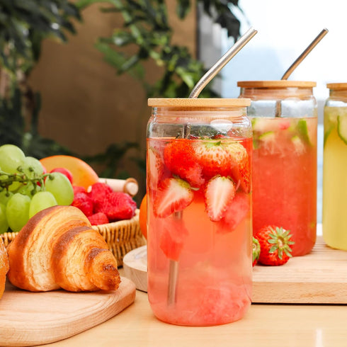 20Pcs Straws,16Oz Set,Water ASKIZ Glass Cups With Bamboo Lids and Ice Coffee Cup,Drinking Glasses Cups Bottles Glasses