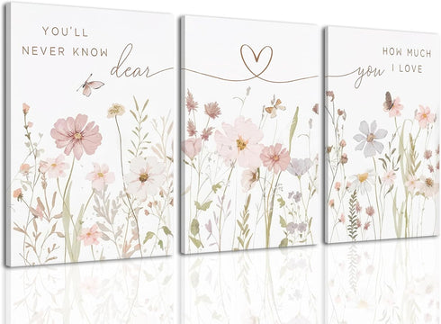 DAXINGJ Rustic Floral Wall Art Set of 3, Watercolor Wildflower Prints with Heart
