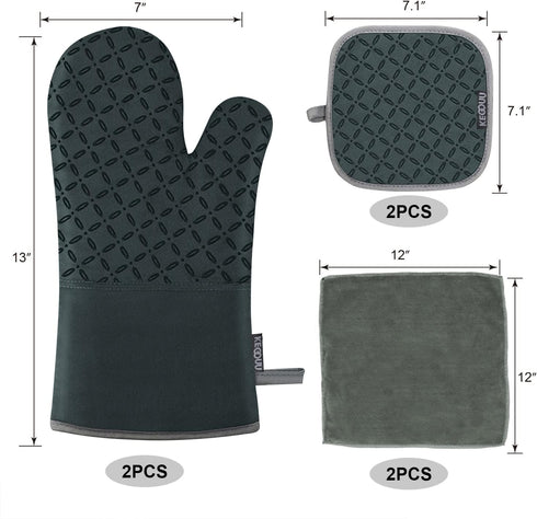 KEGOUU Oven Mitts and Pot Holders 6pcs Set, High Heat Resistant Kitchen Oven Gloves (Deep Green)