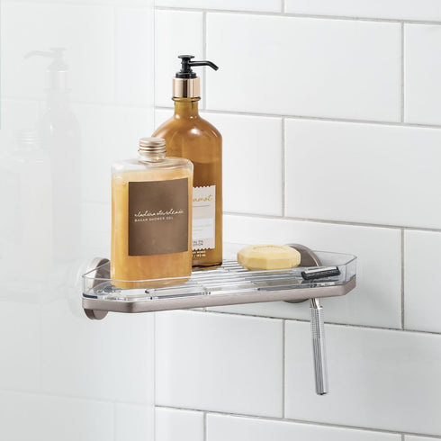 Satin Self-Adhesive Corner Shower Shelf with Razor Holder - iDesign