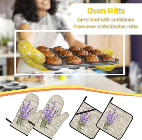 Lavender Flowers Vintage Oven Mitts and Pot Holders Set of 4, High Heat Resistant for Kitchen Cooking BBQ