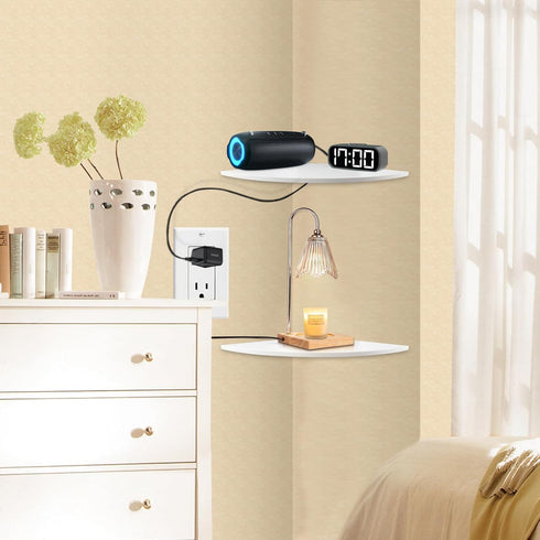 JJL 12-Inch Set 2 Corner Shelf, Sector Wall Shelf, of Wooden Hanging Shelves with Wire Hole for Bedroom Corner