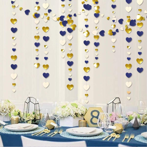 52Ft Valentines Day Party Decorations - Navy Blue Gold Love Heart Garland, Royal Blue Gold Hanging Streamer Banner for