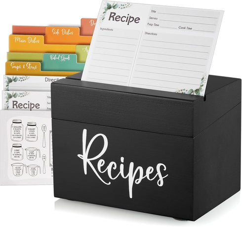 Recipe Box, Wooden Organizer with 50 Recipe Cards 4"x6" & 6 Dividers, Write in Your Own Recipes