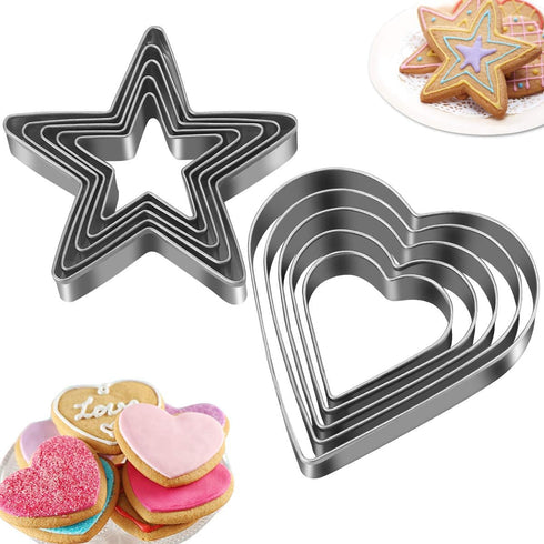 10Pcs Cookie Cutters Set, Stainless Steel Biscuit Cutter in Love Heart and Star Shapes for Baking
