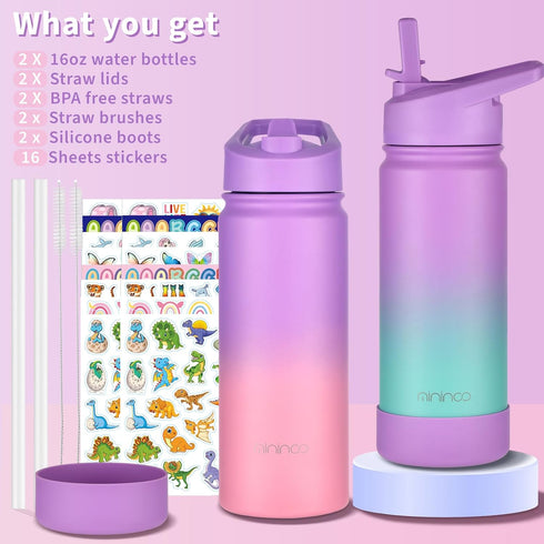 Mininoo Kids Water Bottle for School, 16oz Stainless Steel Insulated with Straw Lid, 2 Pack for Girls, Boys