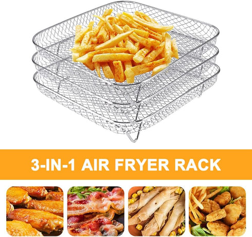 Square Air Fryer Rack, 3 Layer Stainless Steel Stackable Dehydrator Rack with Anti-Scalding Clip, Air Fryer Accessories