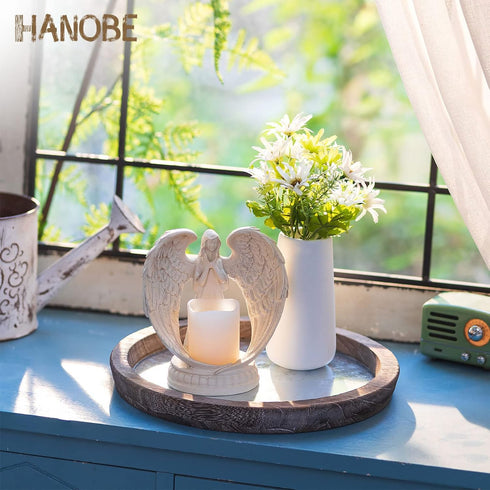 Hanobe Round Wood Decorative Tray: Rustic Wooden Tray for Coffee Table Farmhouse Centerpiece Mirror Candle Holder