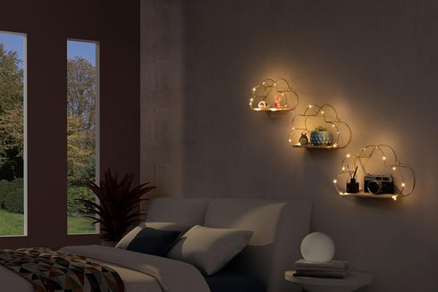 Niemro Set 3 Golden Cloud Shape Floating Shelves with LED Lights Wall Decor,Gold Metal Wire and Wood Base Wall Mounted