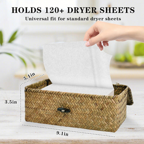 Dryer Sheet Holder, Woven Seagrass Dryer Sheet Container with Lid, Farmhouse Dryer Sheet Box Decor, Dryer Balls Dispenser for Laundry Room Organization and Storage-natural color by SULICRE