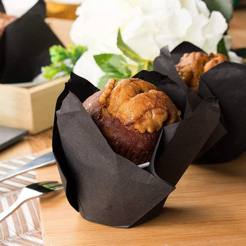 Juvale 100-Piece Bulk Black Tulip Cupcake Liners - 2 x 3.5 Inches Medium Baking Wrappers for Parties & Events