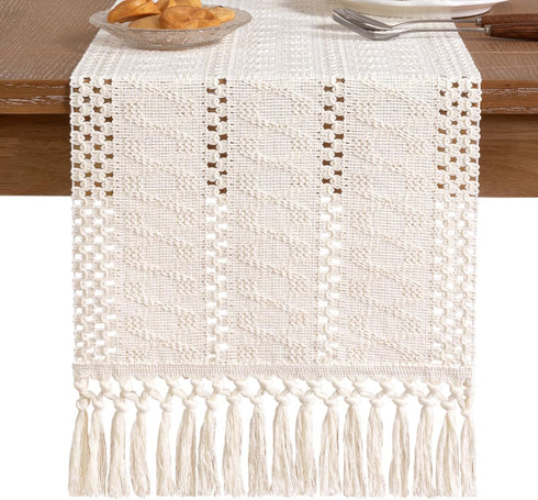 Summer 12x90 inch Socomi Boho Table Runner Macrame Farmhouse Woven Cotton Linen Rustic Coffee Table Runner with Tassels