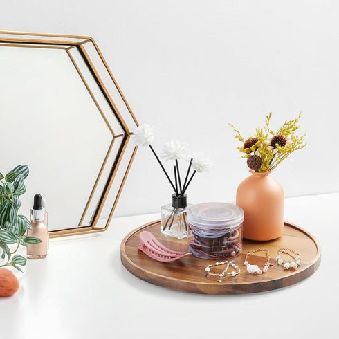 CMLKLZD 12 Inch Acacia Wood Round Tray, Wooden Decorative Serving Coffee Table Tray Centerpiece Candle Holder