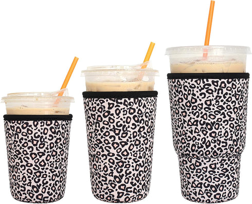 3 Pack Reusable Iced Coffee Sleeves - Xumbtvs Insulator Sleeve for Cold Beverages, Leopard Print