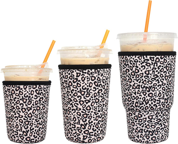 3 Pack Reusable Iced Coffee Sleeves - Xumbtvs Insulator Sleeve for Cold Beverages, Leopard Print