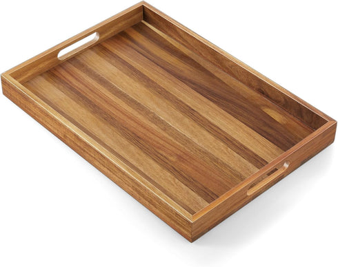 dreamkey 17 Inch Acacia Wood Serving Tray with Handles - Large Wooden Tray