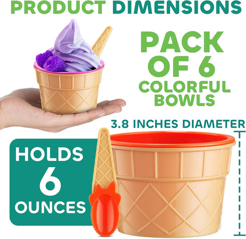 Set (Pack 6) Frozen JoyServe Ice Cream Bowls and Spoons - of Reusable Plastic Ice Cream Cups and Waffle Cone Shaped