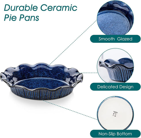 vancasso Stern Ceramic Pie Pan, 9 inch Ruffled Edge, Set of 2, Blue, Deep Baking Dishes