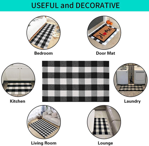 MUBIN 27.5 x 43 Inches Cotton Buffalo Plaid Rug, Hand-Woven Indoor or Outdoor Rugs for Layered Door Mats (Black and