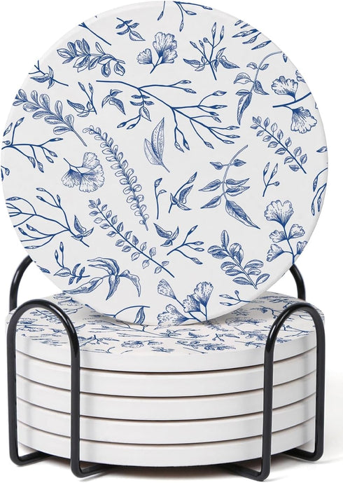 Set of 6 Floral Blue and White Coasters with Holder, Absorbent Ceramic