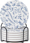 Set of 6 Floral Blue and White Coasters with Holder, Absorbent Ceramic