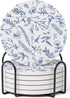 Set of 6 Floral Blue and White Coasters with Holder, Absorbent Ceramic
