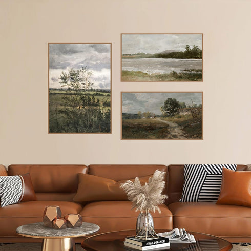 Field Landscape 3 Pieces Split Print Wall Art, Vintage Printed Country Landscape Painting, Oil Painting Mural Art, Nature Landscape Wall Art Print, Country Field Landscape Pasture Nature Abstract Art
