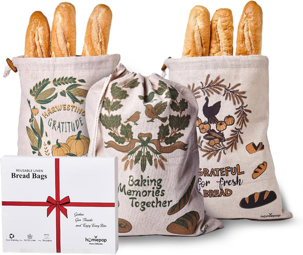 HomiePop Bread Bags for Homemade Bread 3Pcs Linen Reusable Bread Bags with Drawstring