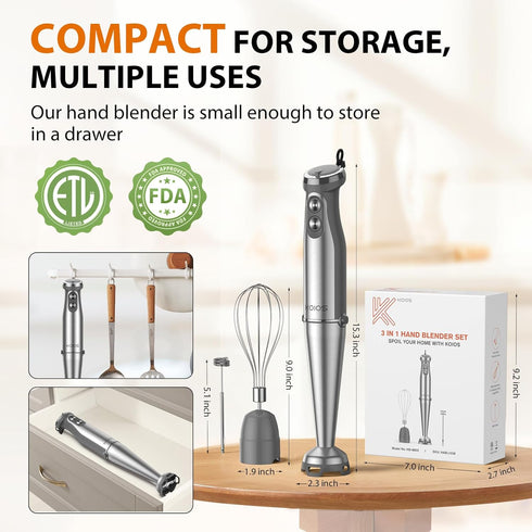 KOIOS Immersion Blender, 1000W Anti-scratch 3-in-1 Hand Blender, Upgraded 12 Speed Stainless Steel Blade Stick Blender
