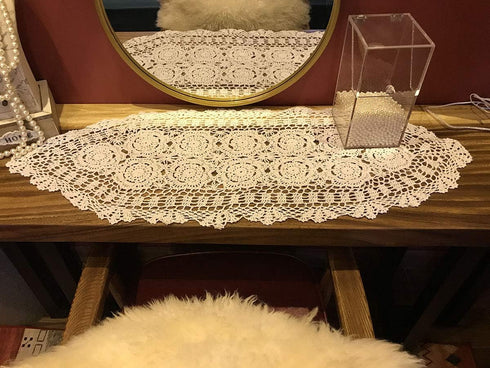 Beige Handmade Crochet Doilies, Cotton Table Runner Lace Doilies, Oval Dresser Scarves, 16x35 Inches