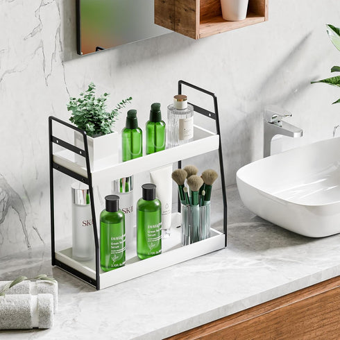 VITVITI 2-Tier Bathroom Organizer Countertop, Wood Bathroom Counter Organizer and Storage, Bathrom Corner Sink Vanity Skincare Organizer Shelf with Hooks, White by VITVITI